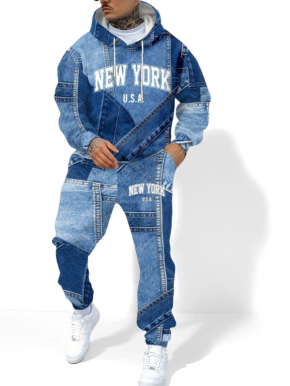 fashiontrendymencasualsuitautum denim effect hooded sports pants sweatshirtsuit wholesale