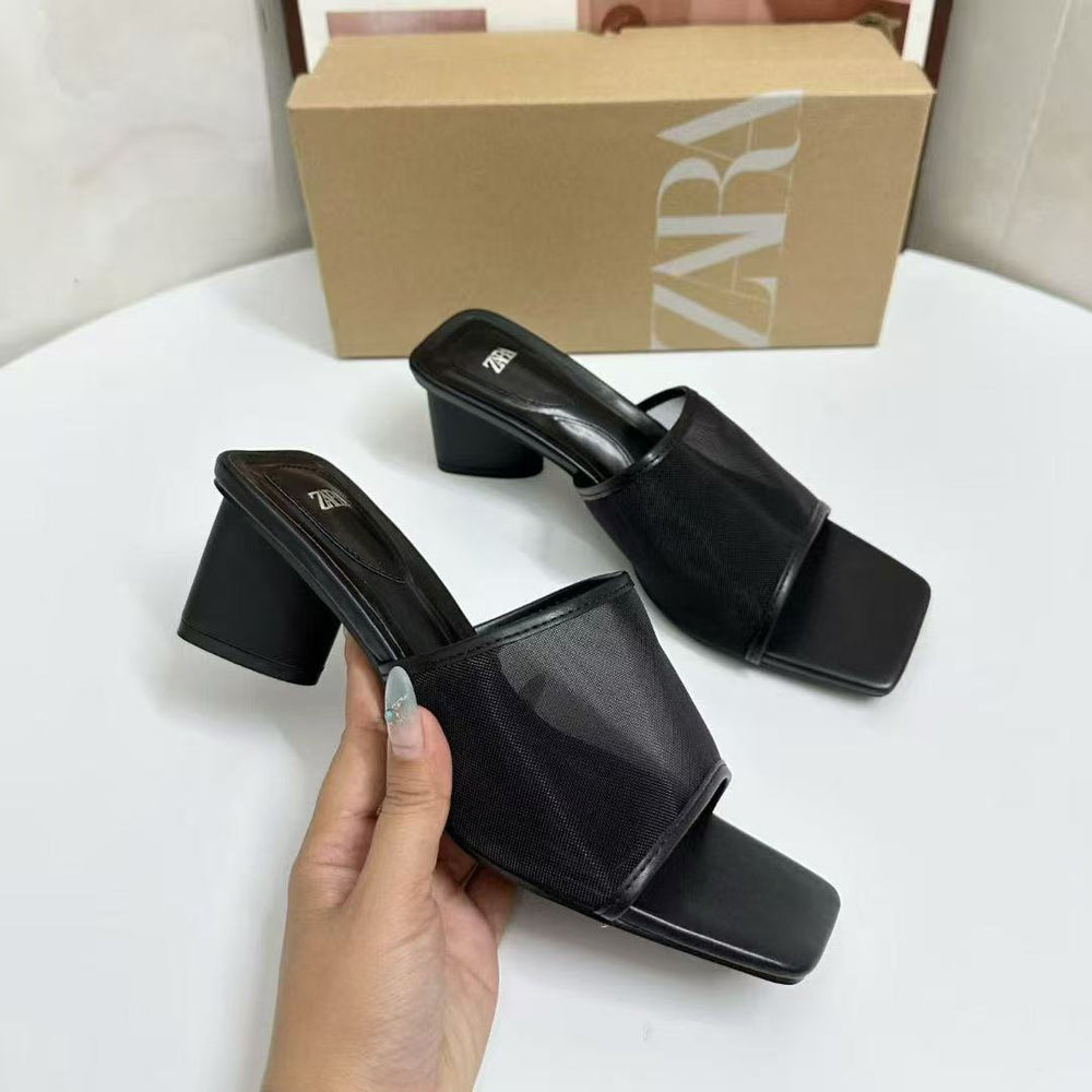 Za2025new arrival french beautiful square toe mesh open toe flip-flops summer outwear non-tiring high-heeled sandals