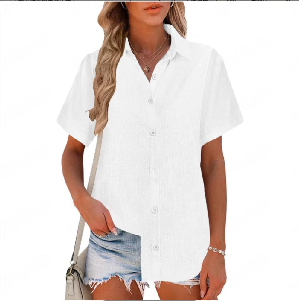 european and american cross-border  summer new arrival: women's solid color cotton linen short-sleeve shirt