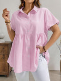e-commerce   new summer collection: elegant, loose-fitting, casual short-sleeved striped shirt with a turn-down collar