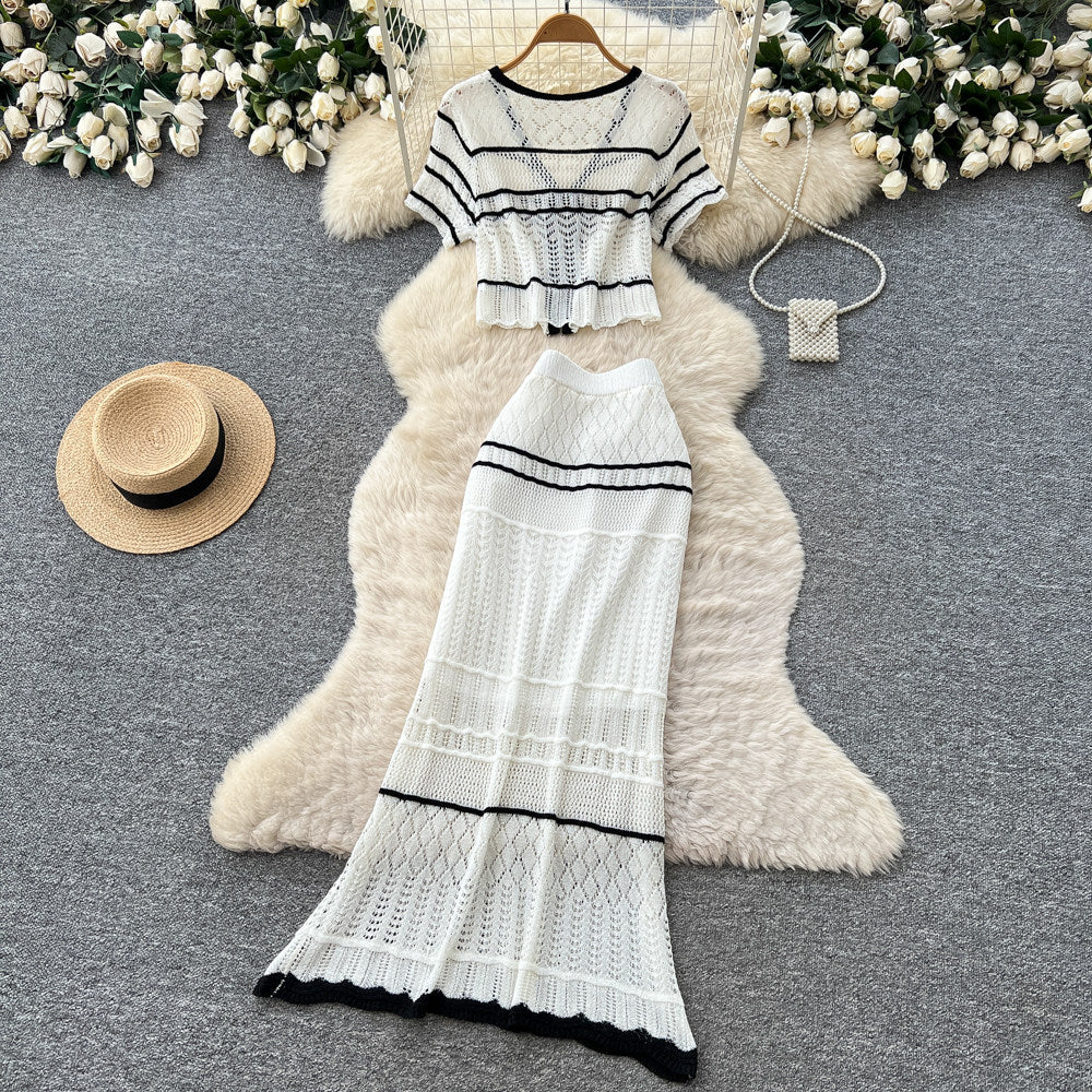 Korean style commute outfit: women's summer knitted two-piece set - v-neck tie-up slim fit suit with white color block stripes