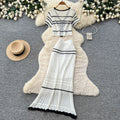 Korean style commute outfit: women's summer knitted two-piece set - v-neck tie-up slim fit suit with white color block stripes