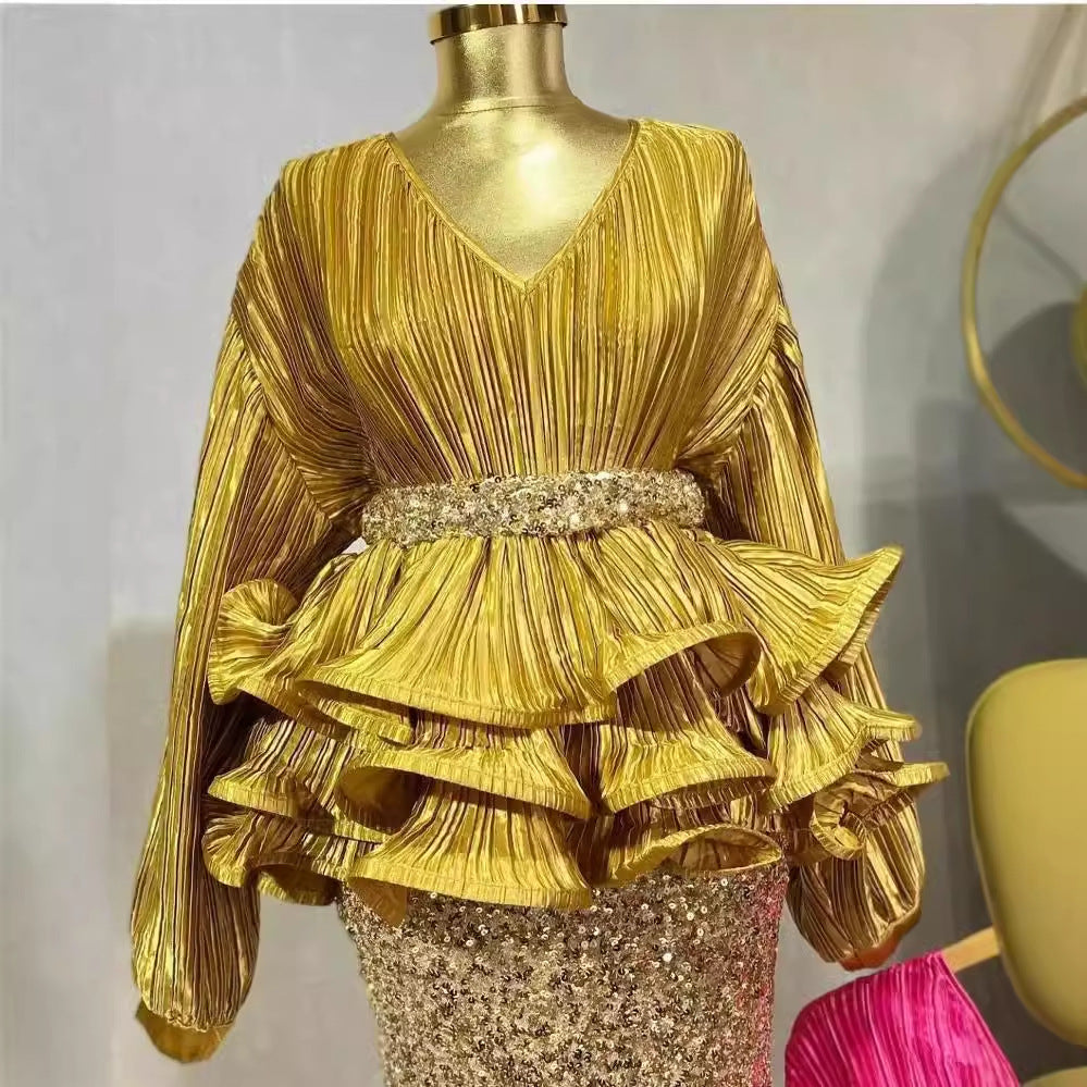 Fashionsuit female socialite elegant lantern long sleevesv neck lotus leaf swing bright shirt female high waistsequin skirt