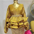 Fashionsuit female socialite elegant lantern long sleevesv neck lotus leaf swing bright shirt female high waistsequin skirt