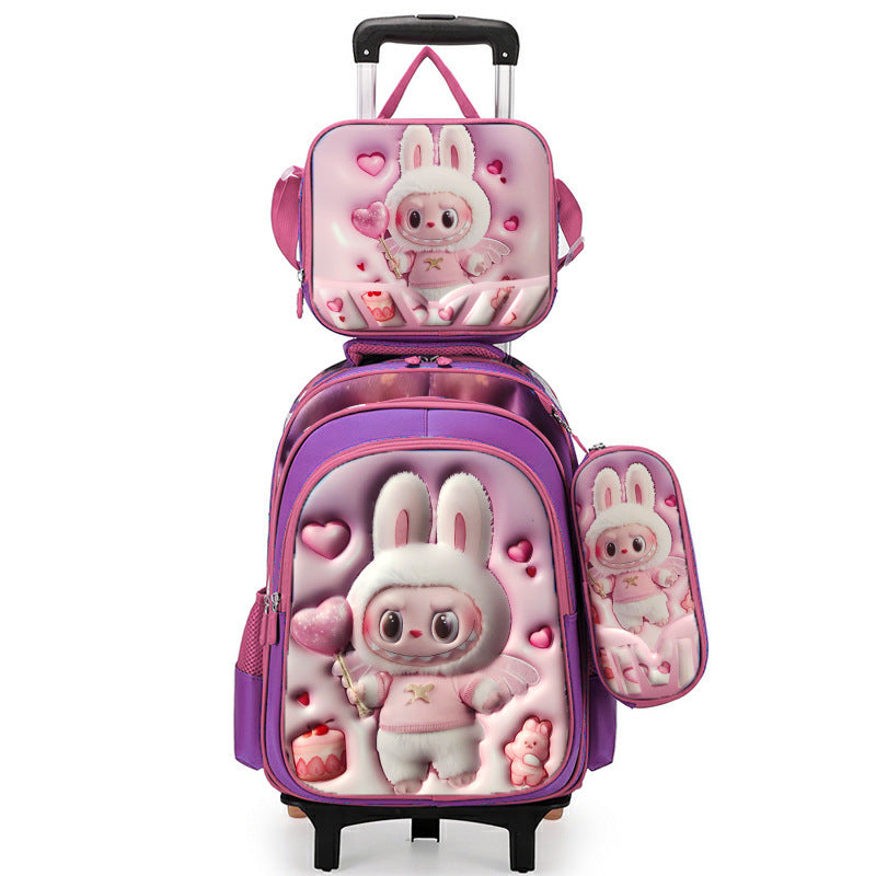 Factory wholesale capybara elementary school three-piece backpack set, 3d polyester fabric, large capacity trolley backpack
