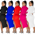 C6829 cross-border   fashion women's solid color long sleeve cropped two-piece dress set