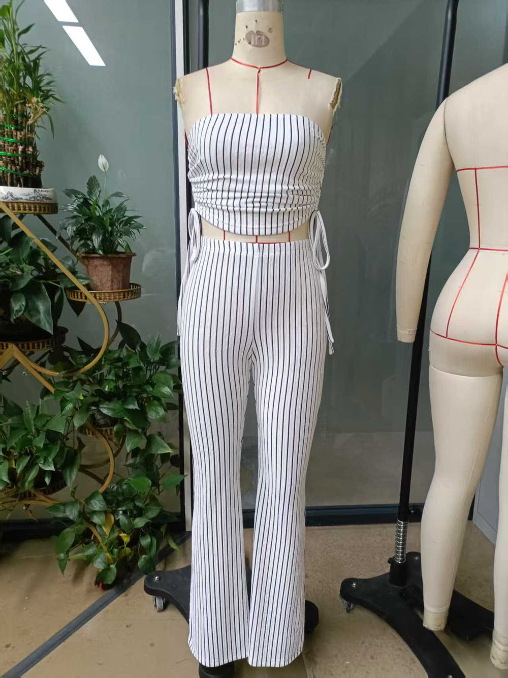 Amazon cross-border summer set: striped sexy cutout tie-up top and pants two-piece outfit