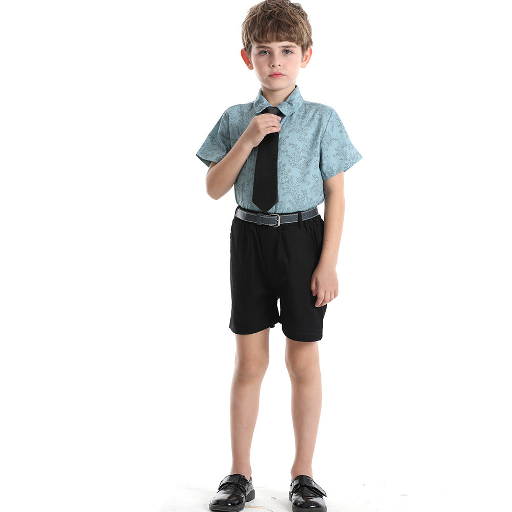 boys' summer floral suit, new kids' stylish short-sleeved floral shirt with trendy tie, baby formal wear