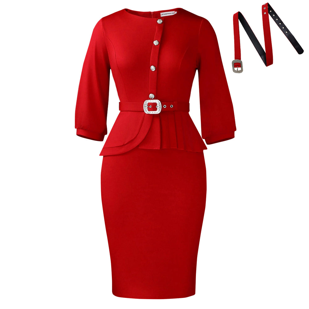 D607 new european and american elegant stretch bodycon round neck ruffle high waist chic bodycon solid color export dress
