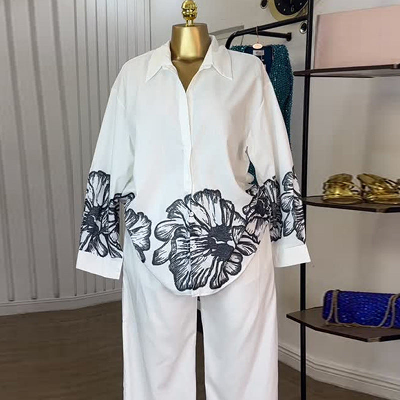 European and american cross-border women's fashion:  autumn new collection - trendy printed oversized long sleeve shirt and wide leg casual pants set