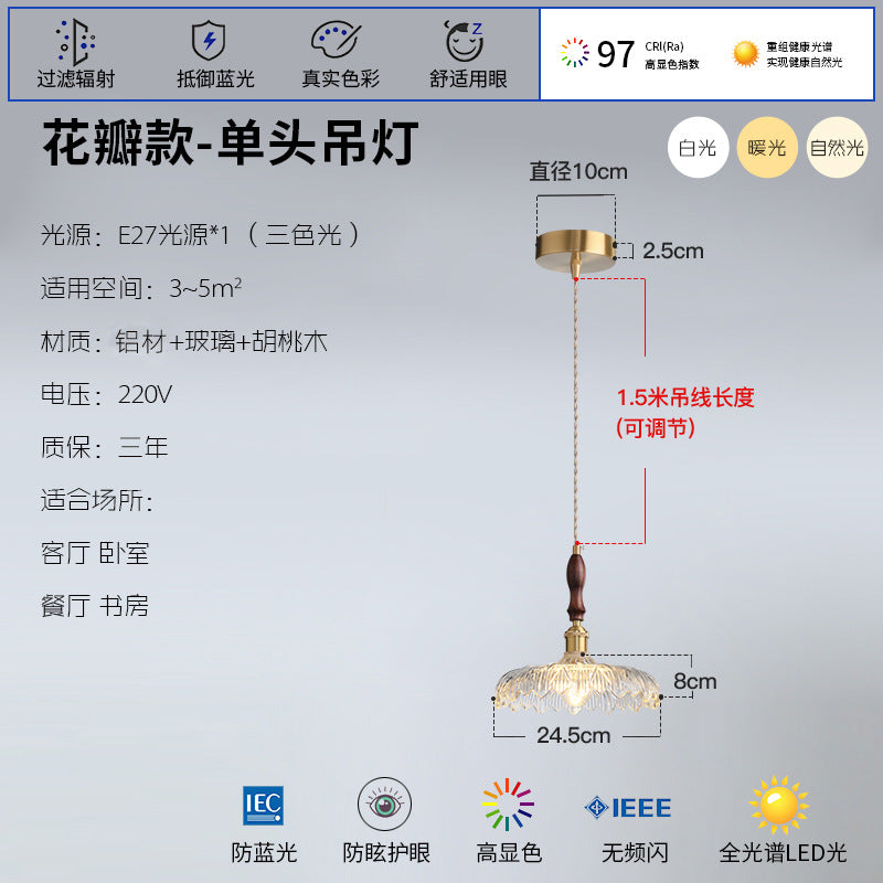 French Internet celebrity three head restaurant lights retro Japanese aluminum glass chandelier walnut dining room dining table bar lighting