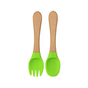 Factory direct sales silicone wooden handle complementary food fork and spoon  baby spoon baby training eating fork and spoon set wholesale
