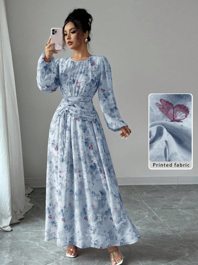 European and american cross-border  french long gown - round neck, loose fit, lantern sleeves, soft korean style, overseas fashion