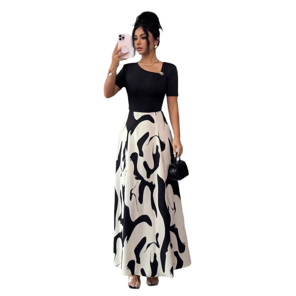 women's v-neck a-line dress with cinched waist, black and white abstract print, and metal buckle detail – elegant and versatile