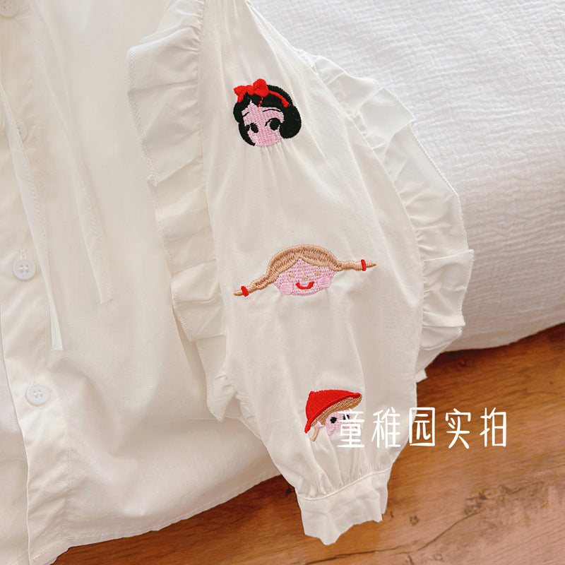 spring/autumn new arrival: pure cotton girls' blouse - baby girl doll shirt with embroidered cartoon design - sweet and trendy for little girls