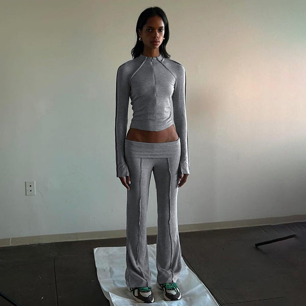 Fashion sports and leisure women's clothing autumn and winter new products zipper cardigan jacket turned waist knitted pants set yoga two-piece set