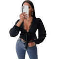 Eyelash lace lantern sleeve knotted front pleated short women's shirt