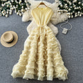 spring/summer new arrival: elegant solid color round neck sleeveless dress - loose fit, tie-waist, multi-layered ruffle maxi dress