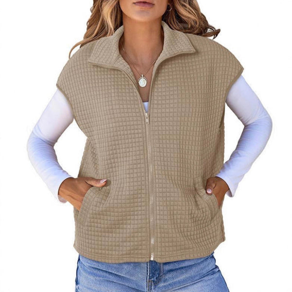 Cross-border  autumn hit women's lapel zipper waffle pocket sweatshirt sleeveless oversized sweatshirt