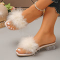 Plus size fuzzy transparent heel sandals for women - 2026 summer new collection - square toe high heel comfortable ladies' slippers