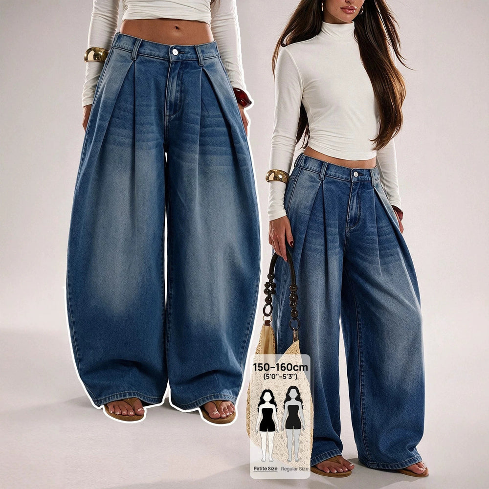 Fashionjeans women's high waist pleated wide leg jeans washed loose pleated large trouser legs draped denim pants