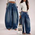 Fashionjeans women's high waist pleated wide leg jeans washed loose pleated large trouser legs draped denim pants