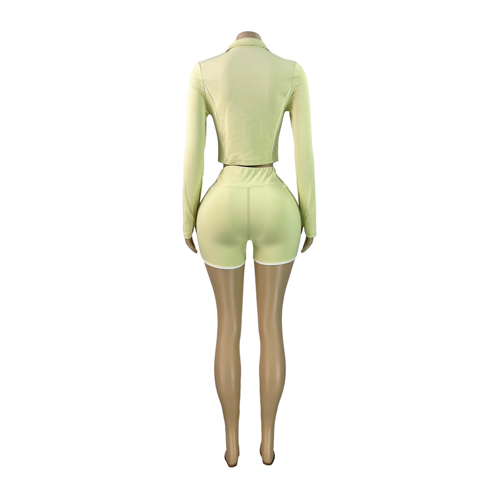 fashionfashion women's silm zipper long sleeves thumb button tops shorts two-piece set sports suit