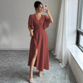 cross-border fashion: european & american  style - elegant deep v-neck solid color single-breasted waist-cinching women's short-sleeve top