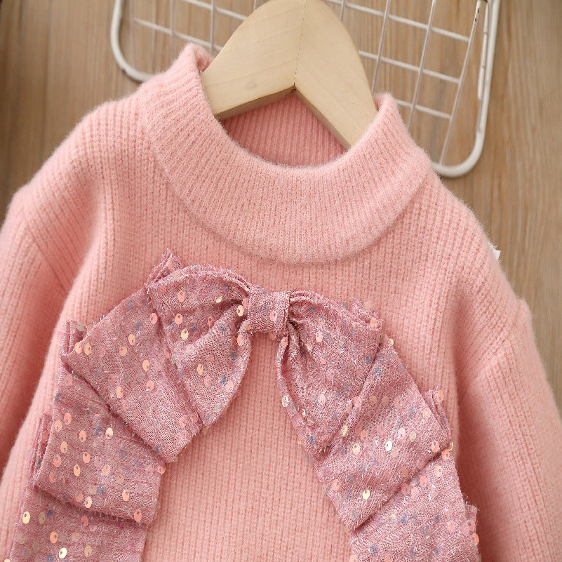 fall/winter new girls' sweater and tutu skirt set - handmade floral knit puffy skirt outfit for little girls