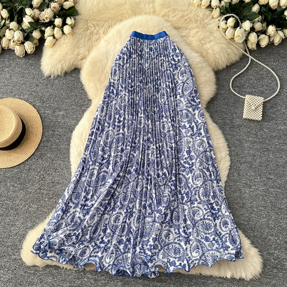 Vintage print pleated elastic waist fashion skirt - women's high-waisted a-line skirt - commute-friendly, flowy maxi skirt for summer