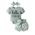 Children's clothingletterprinting short-sleeved khaki + printing pattern shortssuit headband three pieces