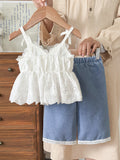 new cross-border girls' country style cotton-like embroidered top with lace trim and washed denim pants set