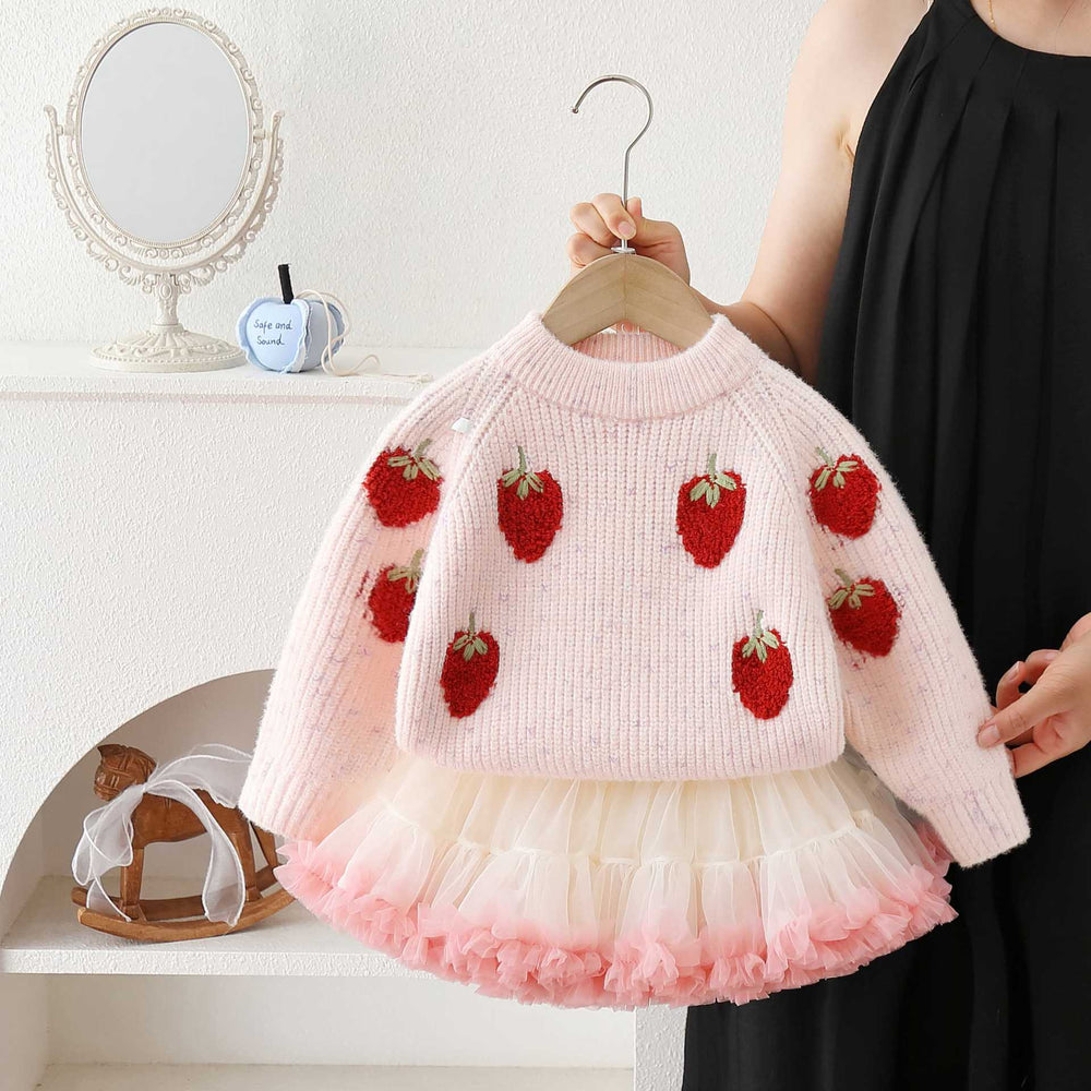 Girls' sweater set : stylish spring/autumn strawberry knit two-piece outfit with tutu skirt