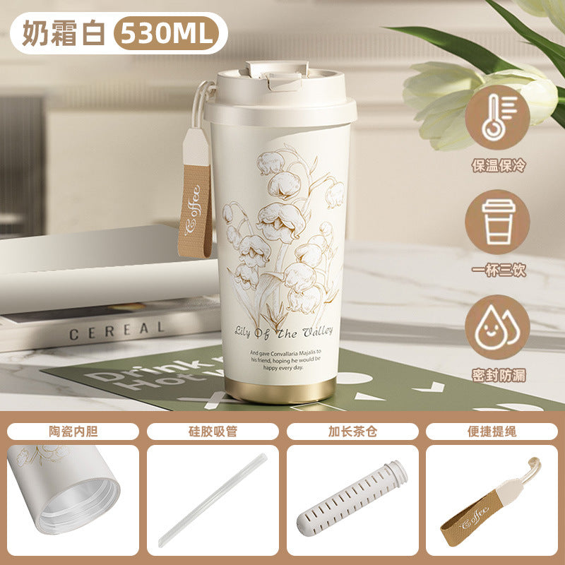 Ceramic-lined coffee mug, 316 stainless steel, high-style straw water bottle, insulated tumbler, portable travel mug, gift cup