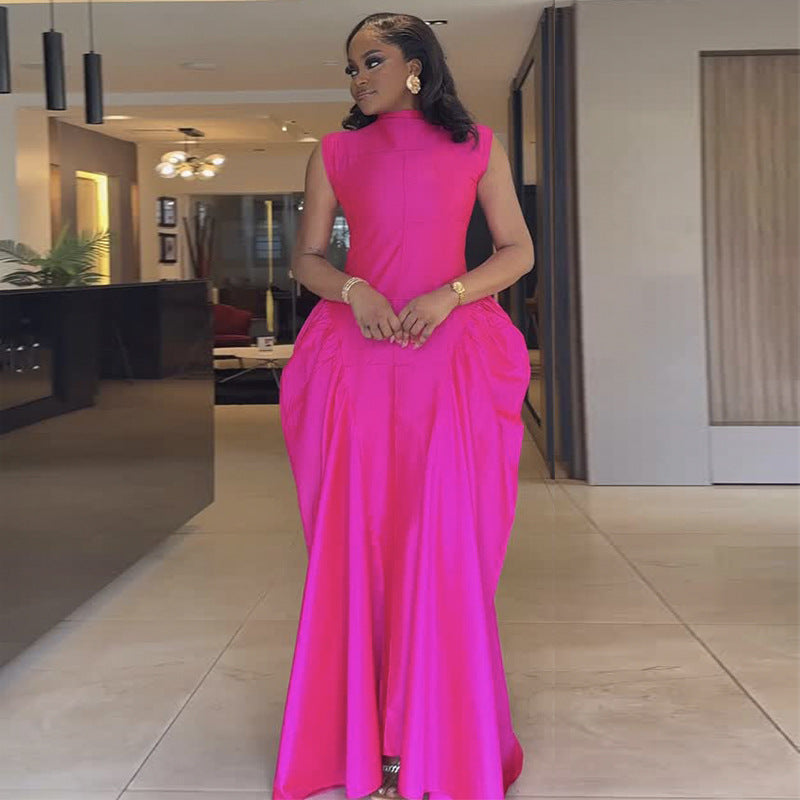 European and American  women's clothing 2025 autumn new fashionable and elegant turtleneck sleeveless solid color bud skirt dinner dress