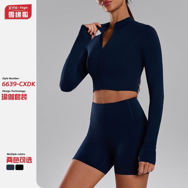 Stand-up collar zipper cardigan yoga suit, women's thumb hole long-sleeved shorts, two-piece fitness peach hip five-point pants