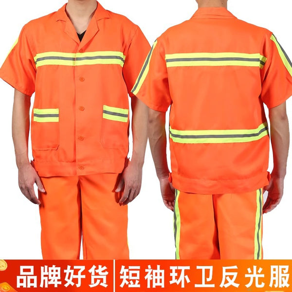 Summer short-sleeved sanitation work clothes set Workers property cleaning Reflective safety clothes Breathable cleaning Highway maintenance