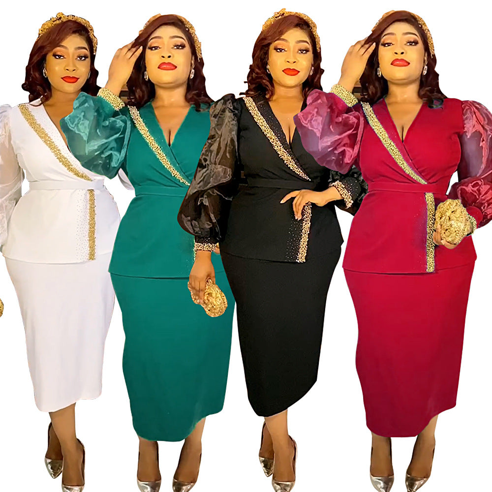 African cross-border e-commerce ol commute organza dress european and american  women's two-piece set pencil skirt