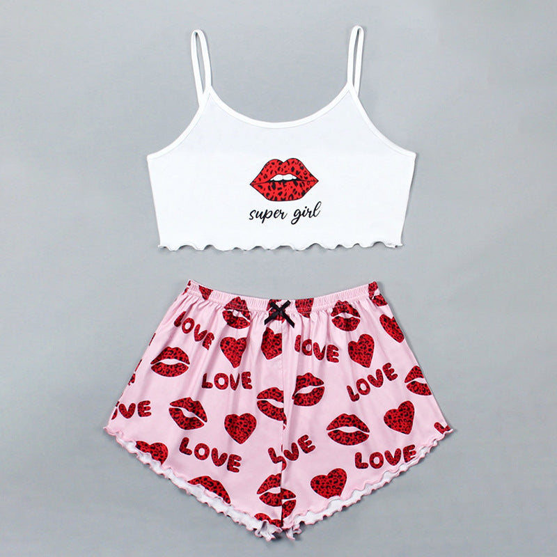 exclusive knitted tank top and camisole set with various pattern prints, comfortable and lightweight women's loungewear pajama set with shorts