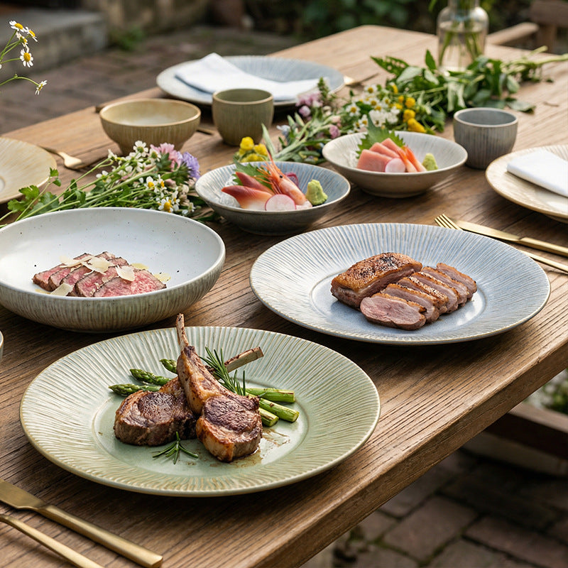 Vintage-inspired, rustic stoneware ceramic deep plate – perfect for restaurants and hotels. a high-end, visually appealing dish for desserts, soups, creative plating, steaks, and western cuisine