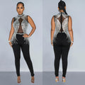 C6931 cross-border   fashion women's solid color mesh rhinestone sleeveless pants jumpsuit