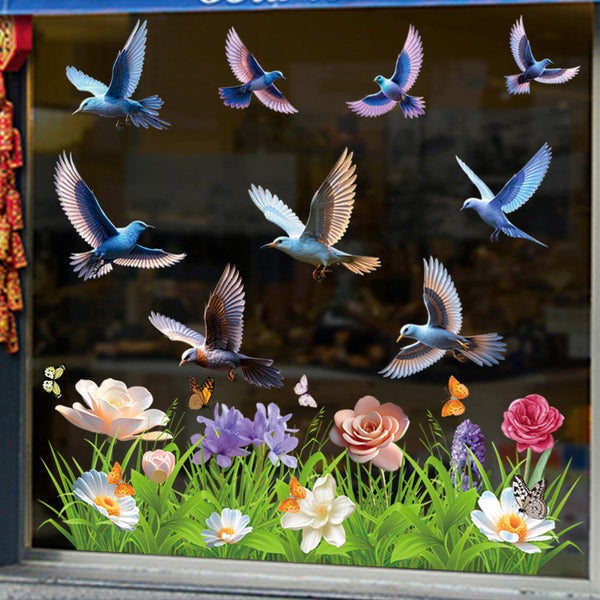 Small fresh flower butterfly bird skirting line shop glass window static glue-free decoration waist line skirting line painting
