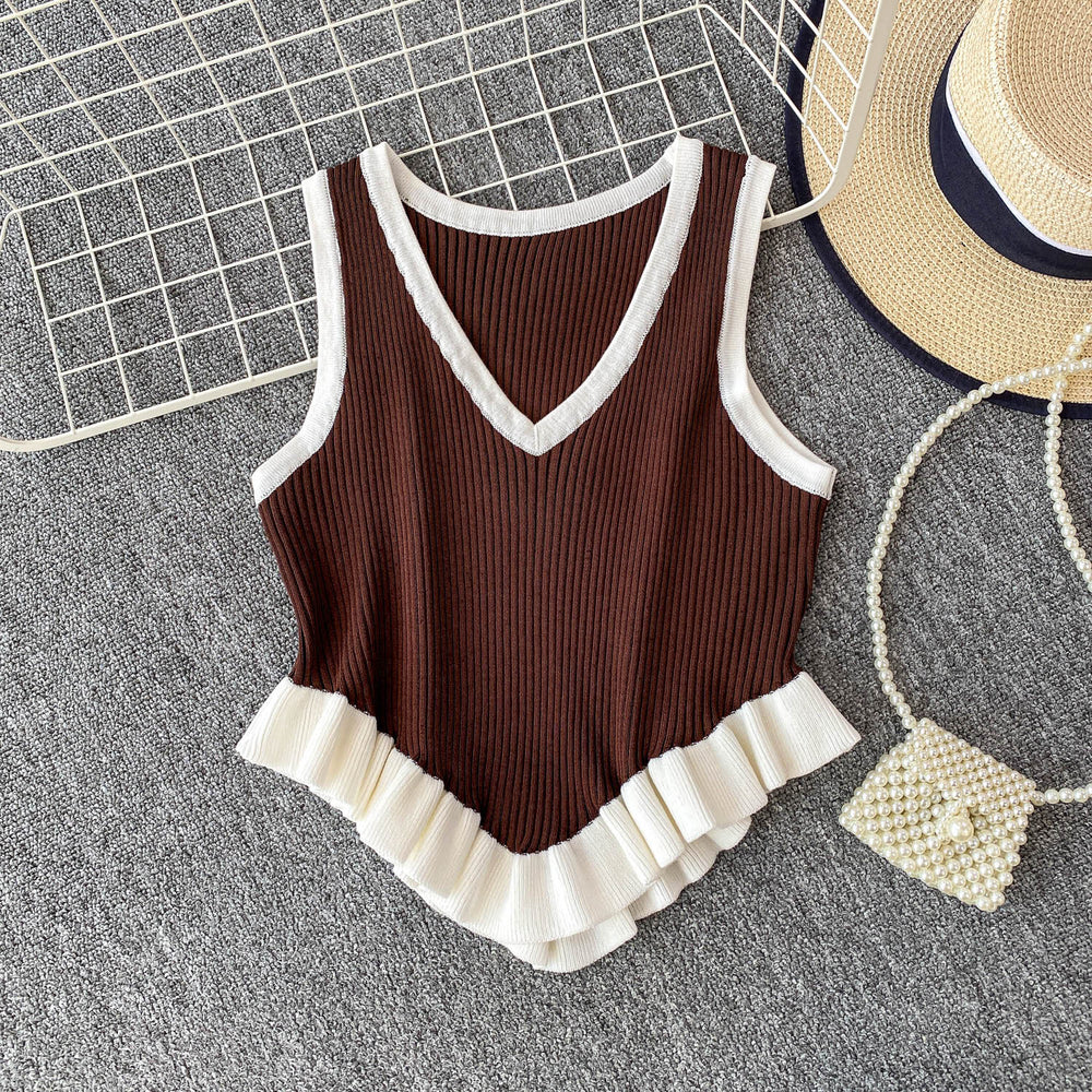 Sweet and spicy girl niche color-block v-neck sleeveless knit tank top for women,  summer new style, ruffle trim, slim fit, figure-flattering top