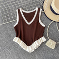 Sweet and spicy girl niche color-block v-neck sleeveless knit tank top for women,  summer new style, ruffle trim, slim fit, figure-flattering top