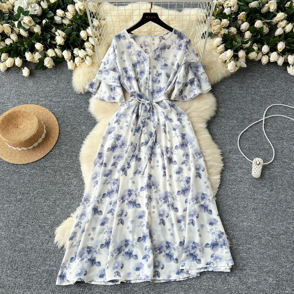 Gentle style female niche styleretro tea break v neck bell sleeves tie back waist slimming look a-line large swing floral dress for women