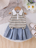 Baby clothing kids set children outfit white collar stripes vest+blue
