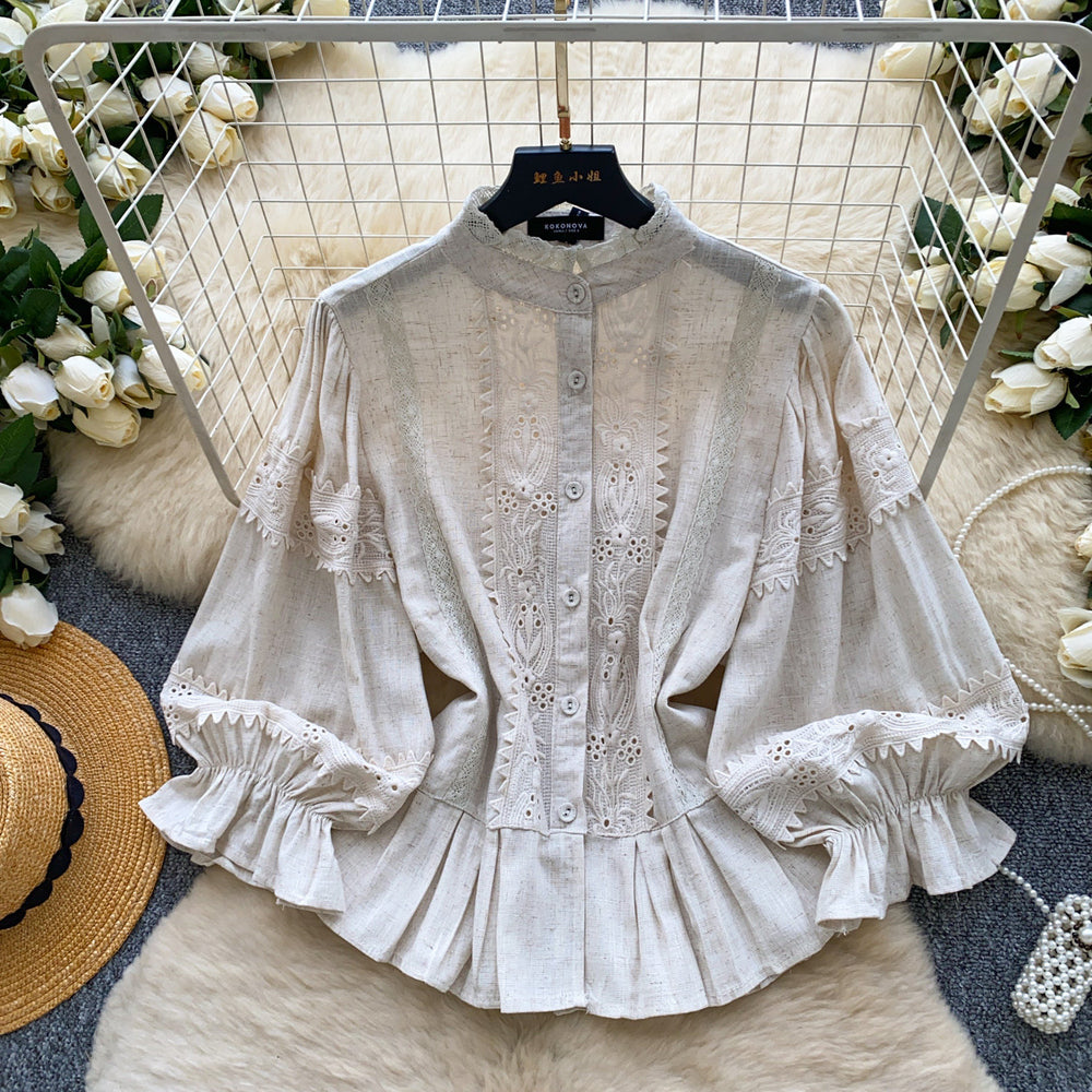 Retro palace style stand collar lace lace shirt women's spring style k-style lantern sleeve cardigan style waist tops