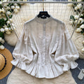 Retro palace style stand collar lace lace shirt women's spring style k-style lantern sleeve cardigan style waist tops