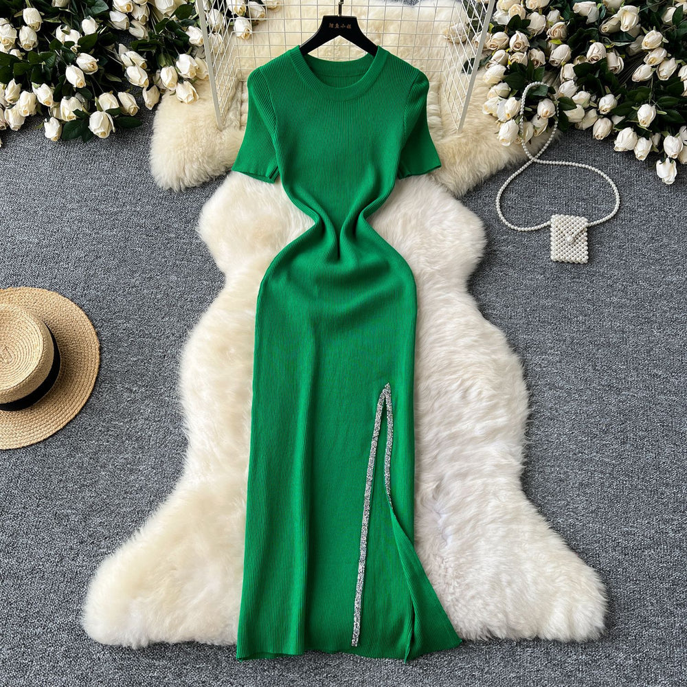 Elegant and chic sequin-embellished midi knit dress for women - summer collection: sexy, slim-fit, round neck, short sleeves, and a flattering slit