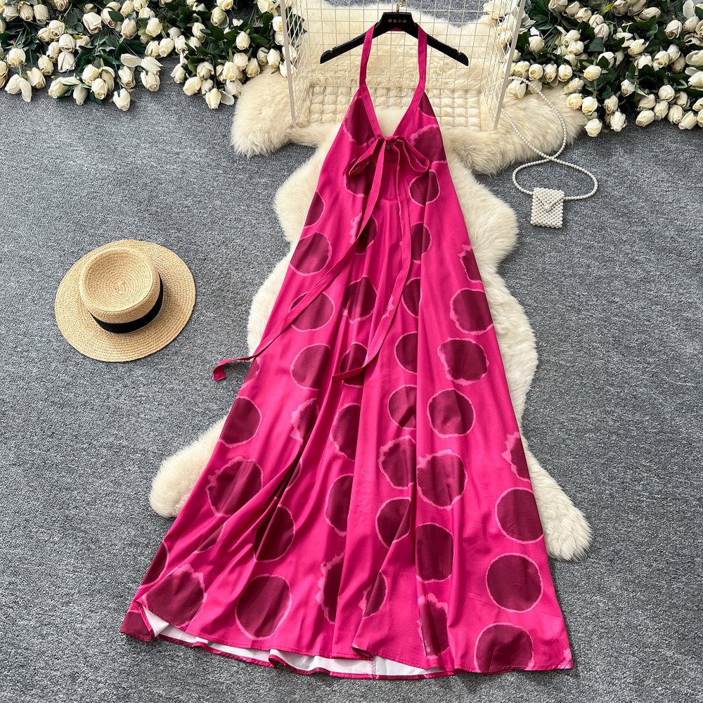 Vacation style halterbacklessprintingdress women's summerfashion classic strappy slimming look large swing long skirt
